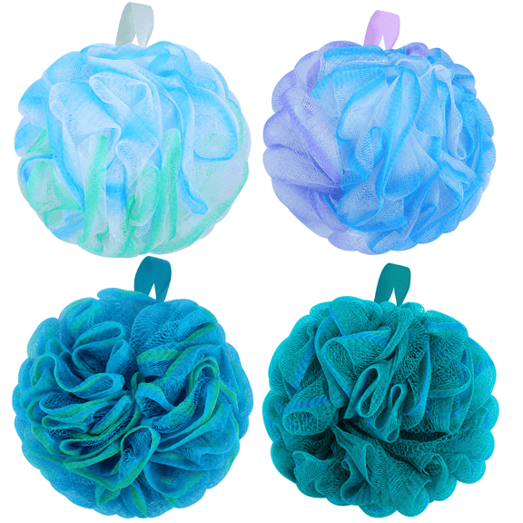 Okaka Loofah Bath Sponge Set of 4, Swirl Mix Color Mesh Pouf, Exfoliating Body Scrubber for Women & Men, Shower Luffa Puff(XL 75g)