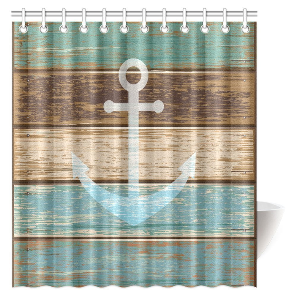 MYPOP Ocean Nautical Anchor Shower Curtain, Anchor Blue Rustic Wood