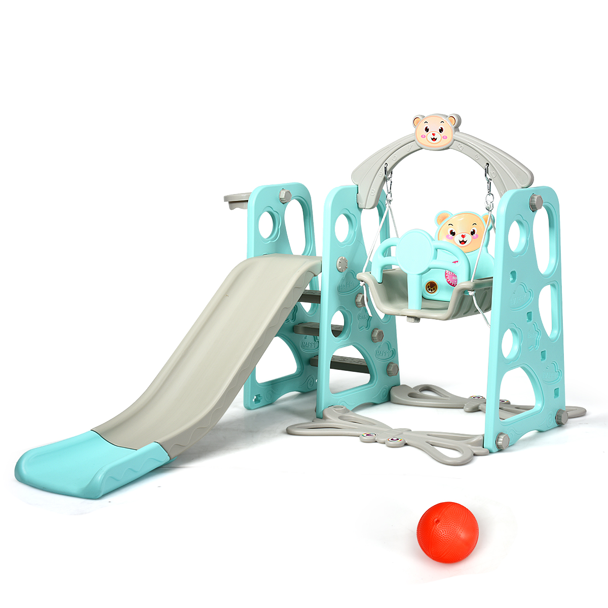 Costway 3 in 1 Toddler Climber and Swing Set Slide Playset with Basketball Hoop & Ball
