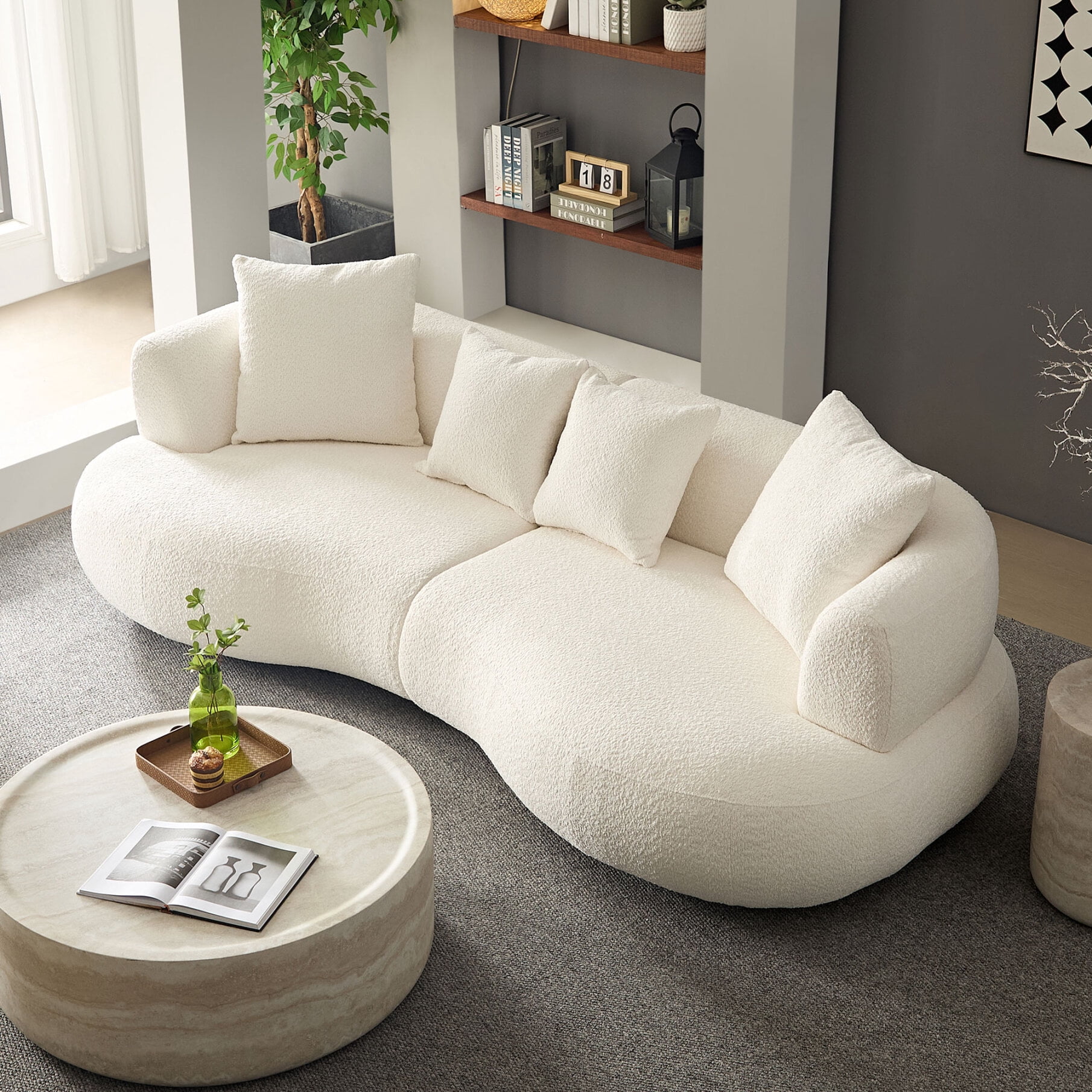 102" Curved Couch Modular Sectional Sofa, Minimalist Style Comfy Couch with 4 Pillows, Upholstered 4-Seat Sofa Boucle for Living Room, Bedroom, Apartment, White