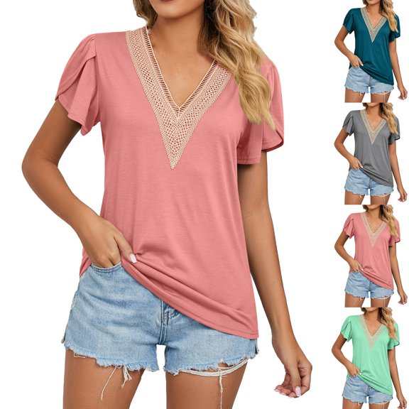 Inverlee T Shirts for Women V Neck Dressy Casual Short Sleeve Tops Boho Solid Color Shirts Flowy Vacation Tunic Blouse Tee Summer Fashion