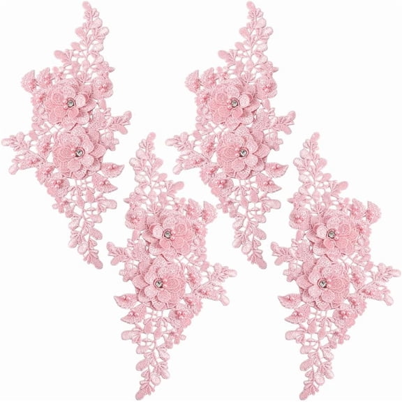 2pairs 2 Pair Pink Floral Embroidery Applique Beaded Flower Rhinestone Appliques 3D Polyester Lace Pearl Sew on Patches for Sewing Making Clothes Wedding Gowns Costumes Accessories Supply
