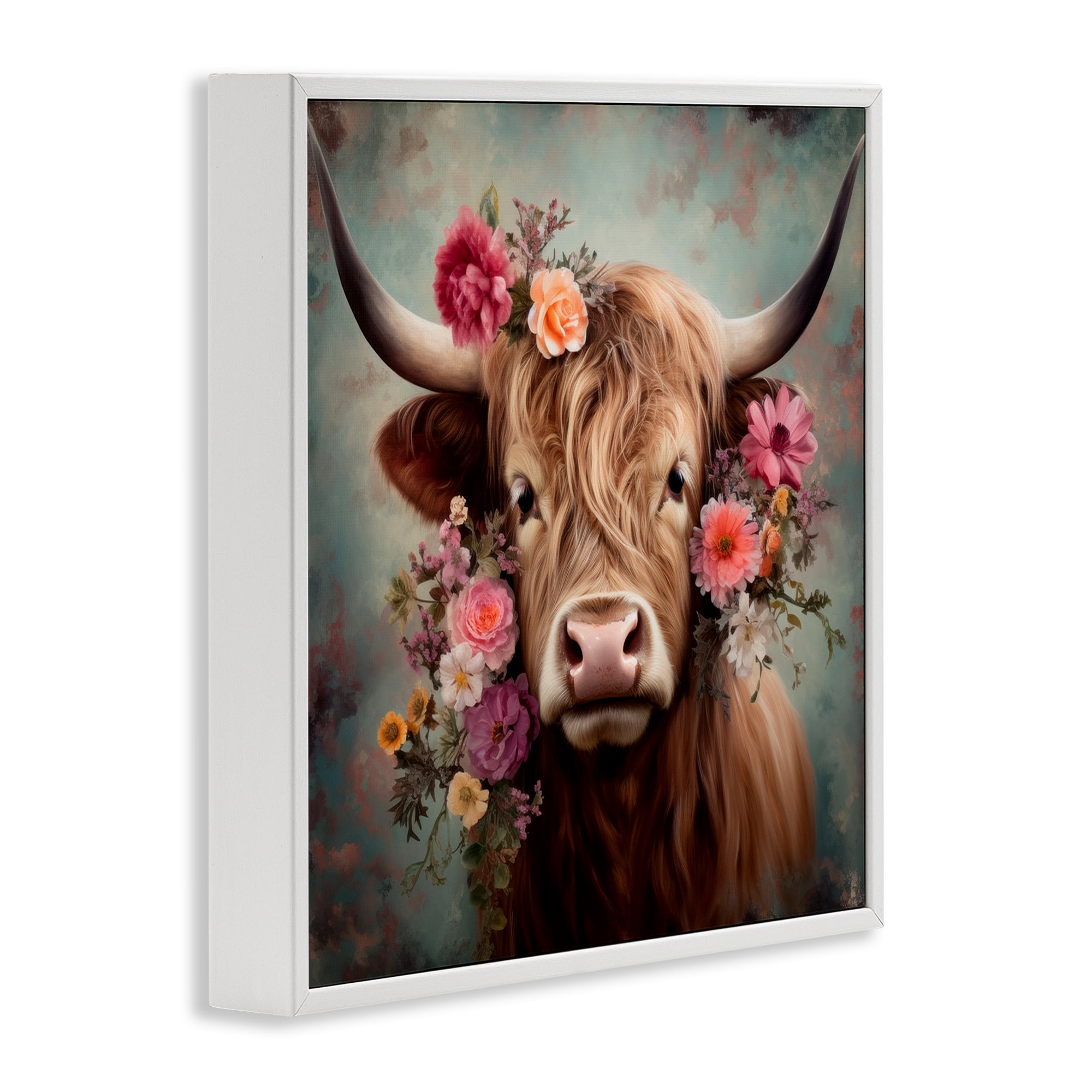Stupell Industries Cattle with Gerbera Daisies Animals & Insects Painting White Framed Art Print Wall Art, 24 x 24