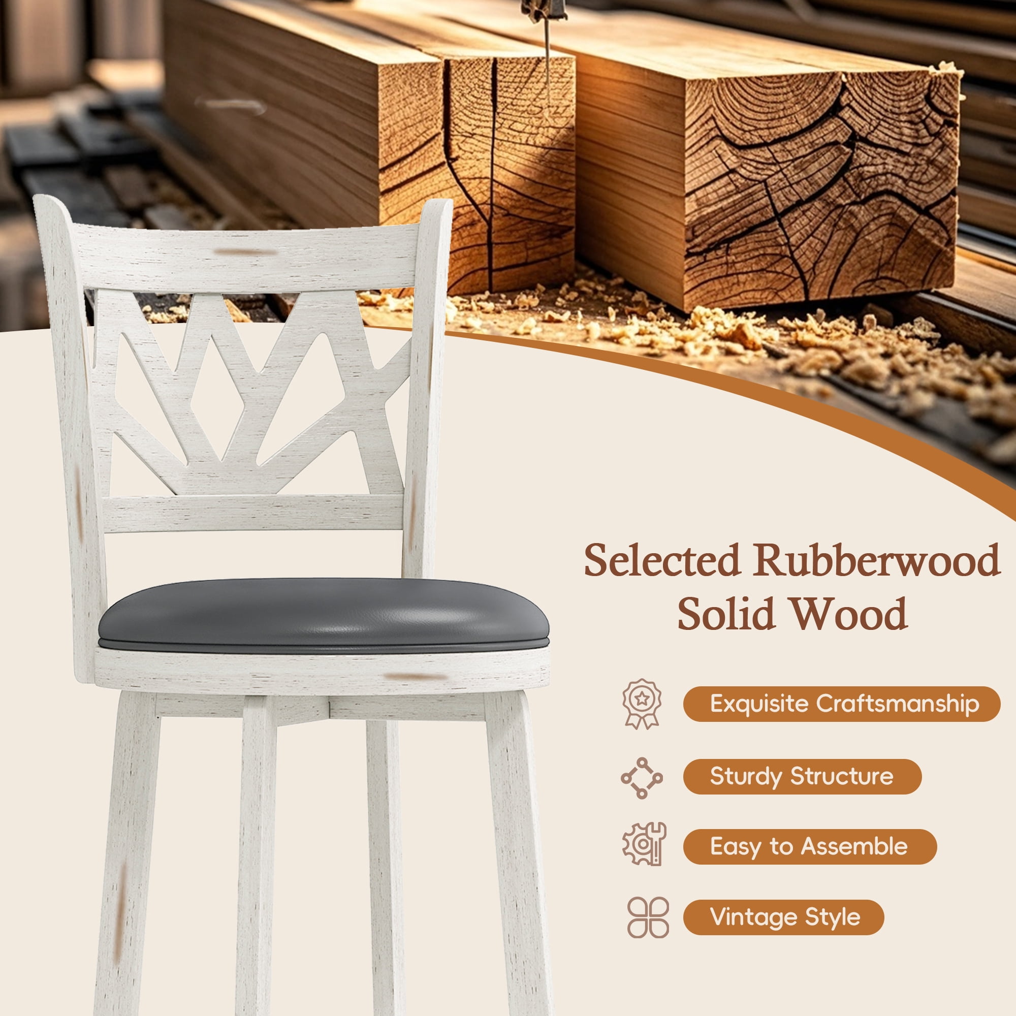 Joywind Farmhouse Swivel Bar Stools Set of 2, 30" Carved Lotus Barstools, Faux Leather Upholstered Bar Chairs with Solid Footrest & Wood Legs, Antique White