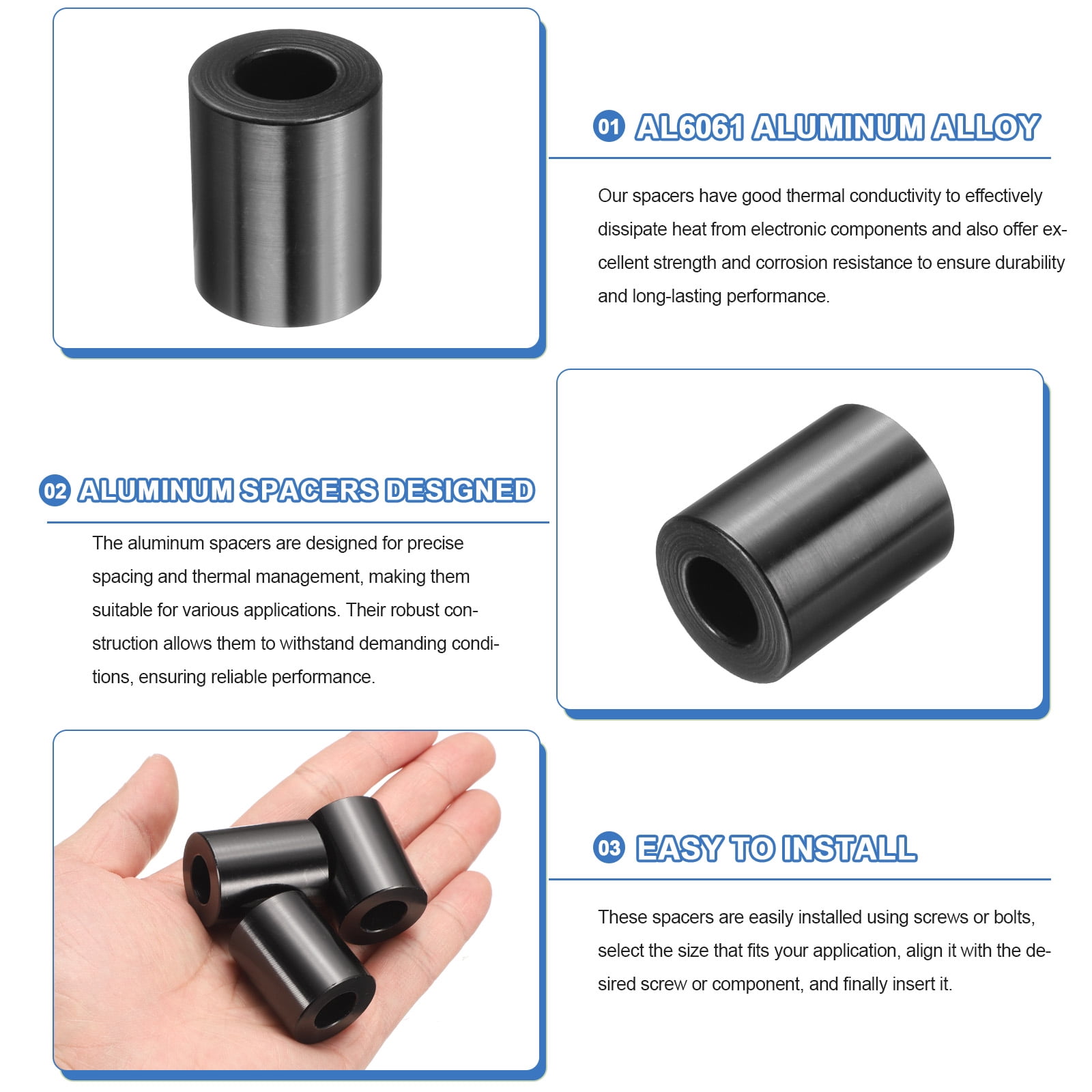Uxcell 10 Pcs Aluminum Spacer, 1/2" Bore x 1" OD x 1-1/4" Length Black Round Spacer Unthreaded Standoff Bushing Plain Finish Metal Spacers