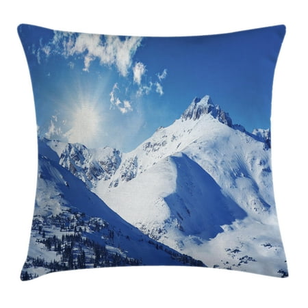 Winter Decorations Throw Pillow Cushion Cover, Mountain Peak in Sunny Winter West Northern of States Habitat Hike Image, Decorative Square Accent Pillow Case, 18 X 18 Inches, White Blue, by