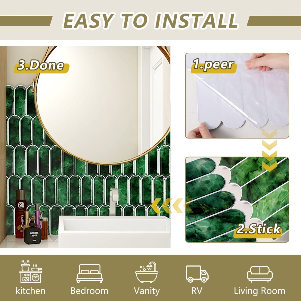 Green Straight Linear Peel and Stick Tile Backsplash 10 Sheets Backsplash Stick on Tiles for Kitchen Waterproof Smooth Wall Backsplash Renter Friendly Tiles for Bathroom Walls 12"x12"