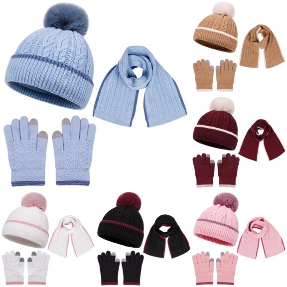 HNMKIU Kids Winter Knitted Hat Scarf Set with Matching Neck Warmer and Mittens for Boys Girls Cold Weather Outdoor Sky Blue - One Size