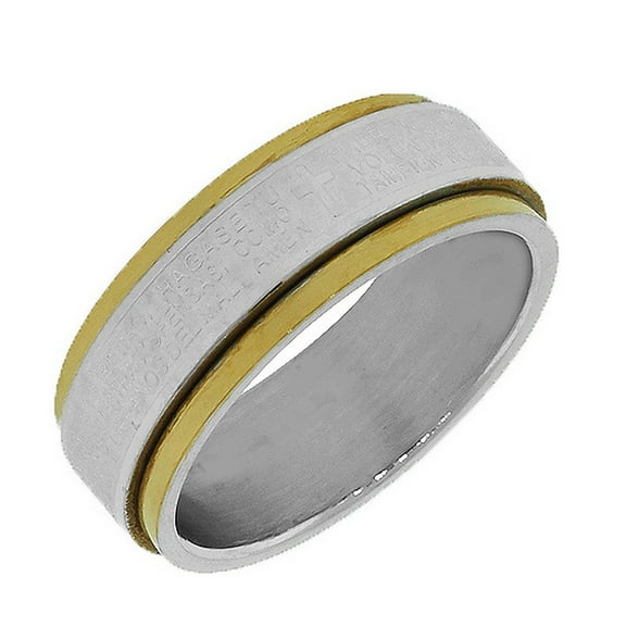 Stainless Steel Gold Silver-Tone Lords Prayer Spanish Padre Nuestro Spinner Ring Band - Size 12