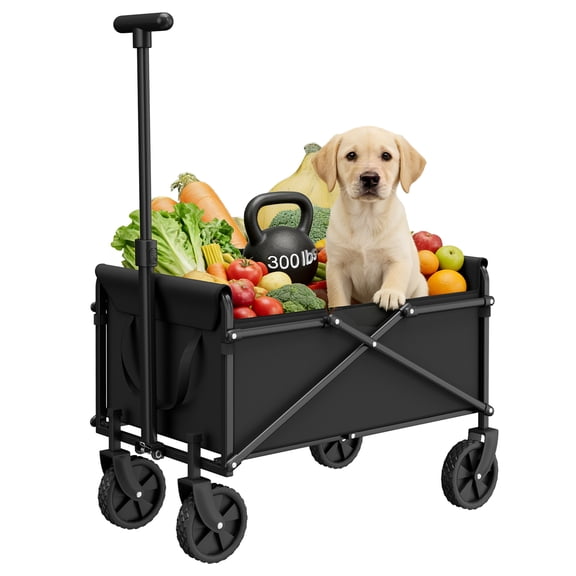 Heavy Duty Collapsible Folding Wagon, 300LBS Capacity Utility Cart, All-Terrain Wheels, Adjustable Handle, for Camping Shopping Beach Sports Outdoor, Black