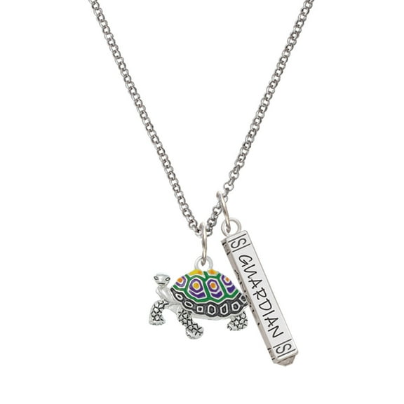 Delight Jewelry Enamel Side Turtle Silvertone Guardian Angel Bar Charm Necklace, 23"