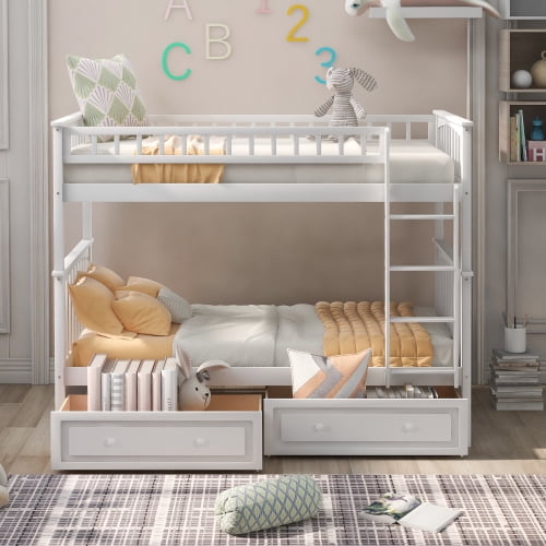 Twin over Twin Bunk Bed with Drawers, Convertible into 2 Twin Beds, Solid Pine Wood Frame with Fence-Style Guardrails, Storage Drawers on Wheels, No Box Spring Needed, White