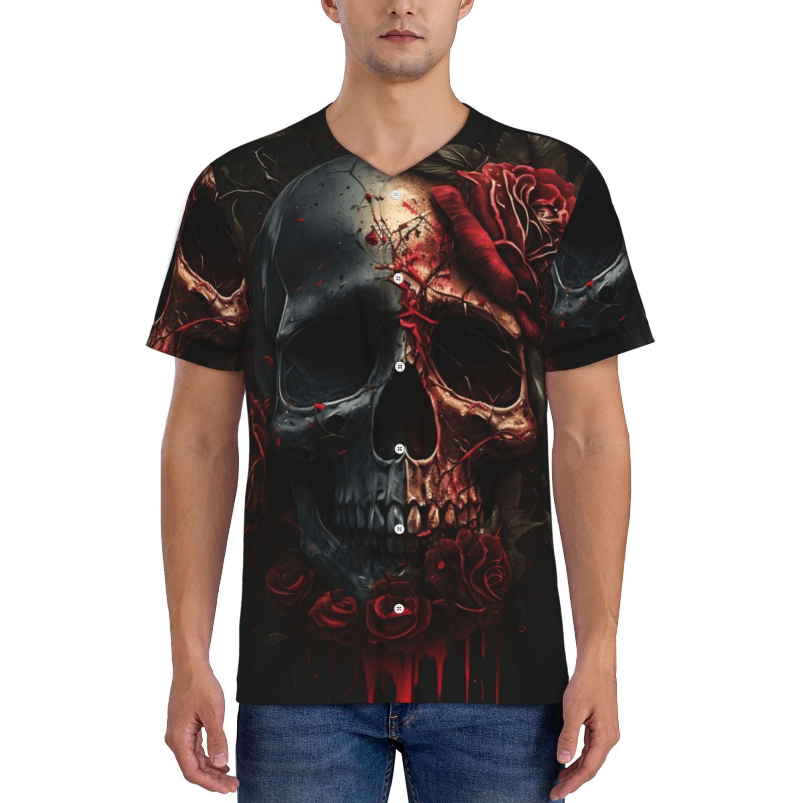 Mens Graphic Baseball T Shirt Short Sleeve Summer Casual Tee Top Jersey, Blood Skull Roses