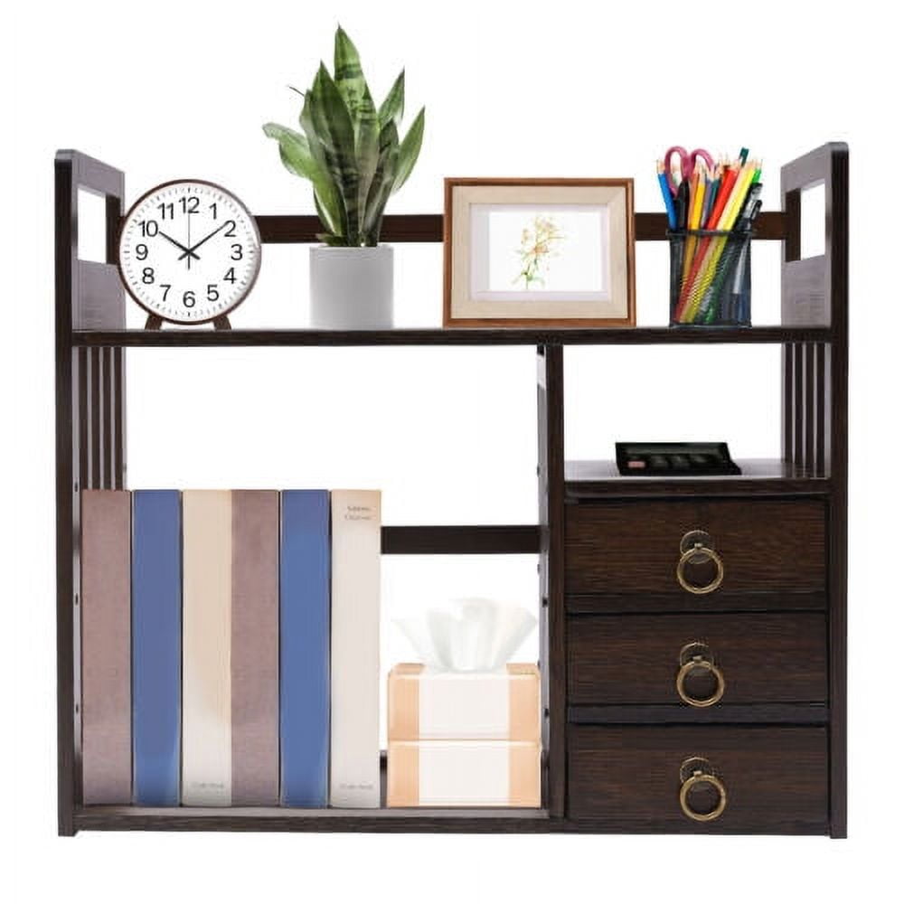 Bamboo Bookshelf Desktop Organizer Desk Rack Storage Shelves W/3 Drawers Office