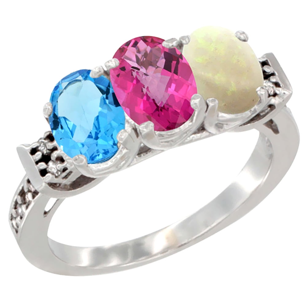 10K White Gold Natural Swiss Blue Topaz, Pink Topaz & Opal Ring 3-Stone Oval 7x5 mm Diamond Accent, sizes 5 10 by WorldJewels