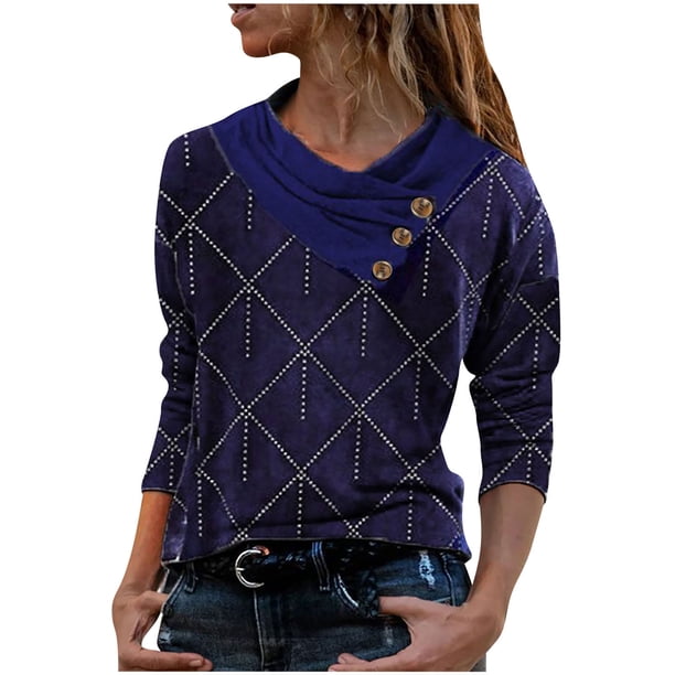 Mujeres Casual Cross Skew Collar Botones Impreso Blusa de manga larga Camiseta Tops Fridja hkj3154