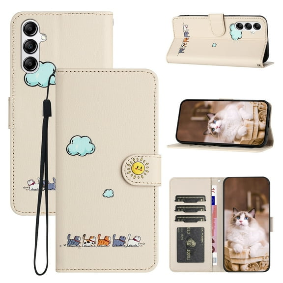 for Samsung Galaxy A14 5G Lovely Cartoon Pattern Wallet Flip PU Leather Case, with Wrist Strap / Credit Card Slots / Photo Slot / Cash Pocket Kickstand Cute Phone Cover for Galaxy A14 5G, Beige