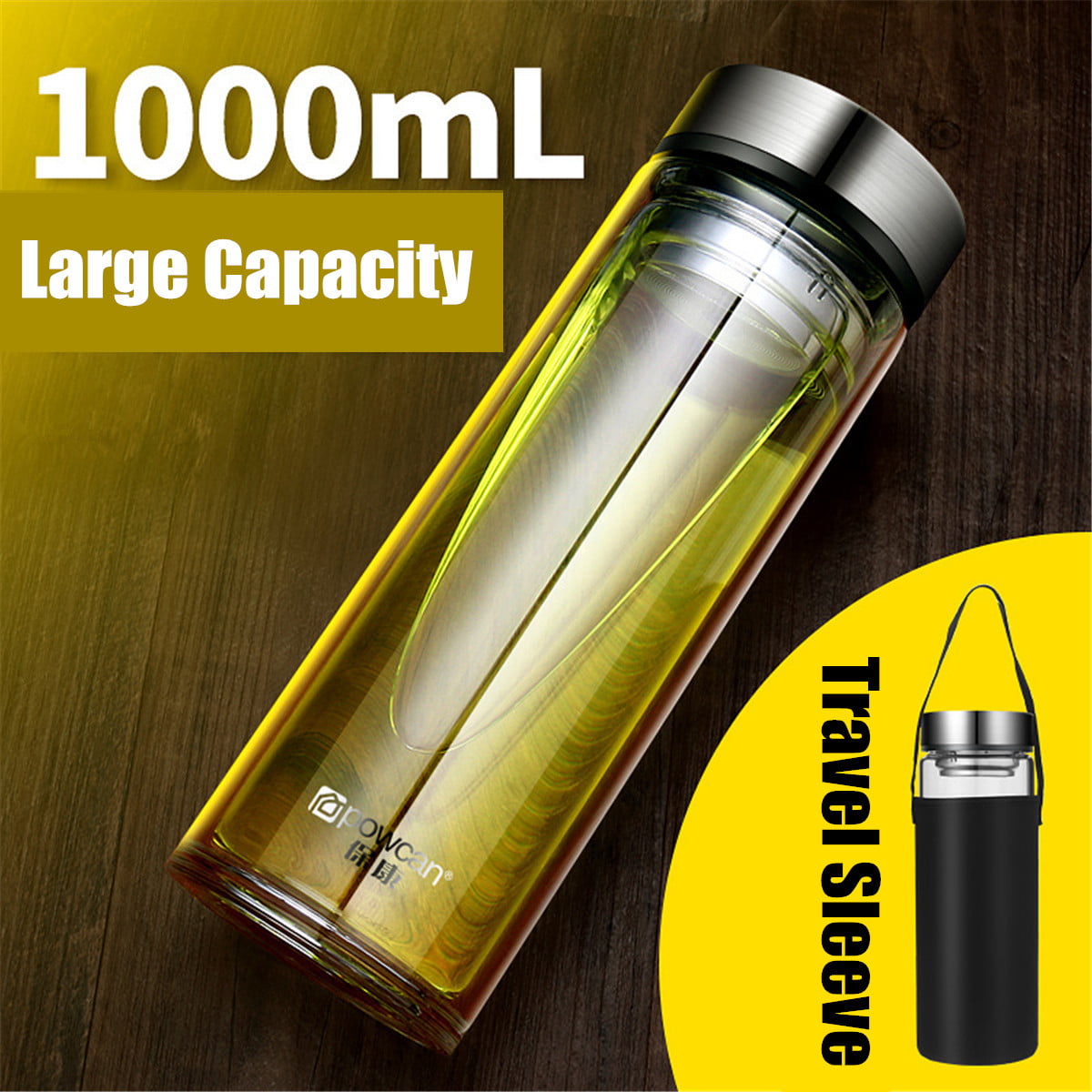 800/1000ML Large Glass Water Bottle Double Walled Travel Mug With Tea Infuser 