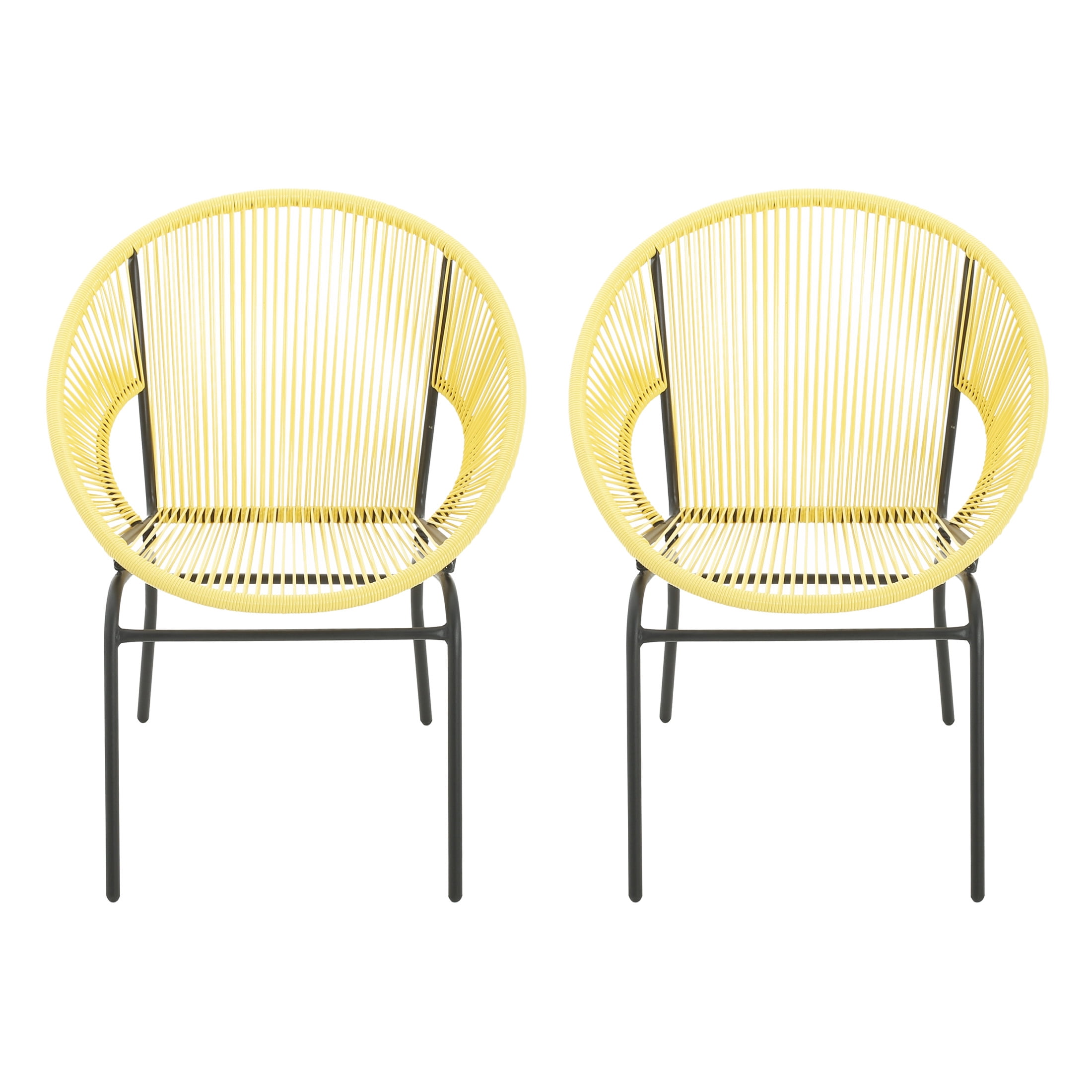 Modern Outdoor Woven Basket Club Chairs with PP Rattan and Iron Frame, Yellow, Set of 2