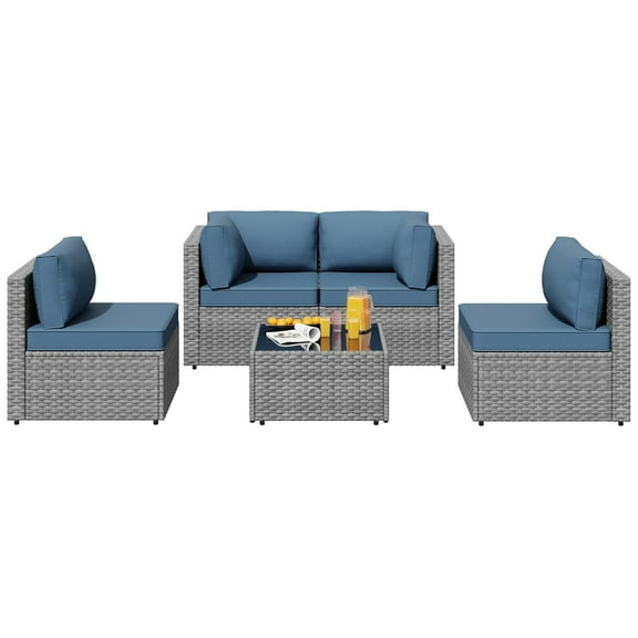 Open Box SUNLEI 5pc Patio Set, Silver Rattan Sofa w/Table, Aegean Blue