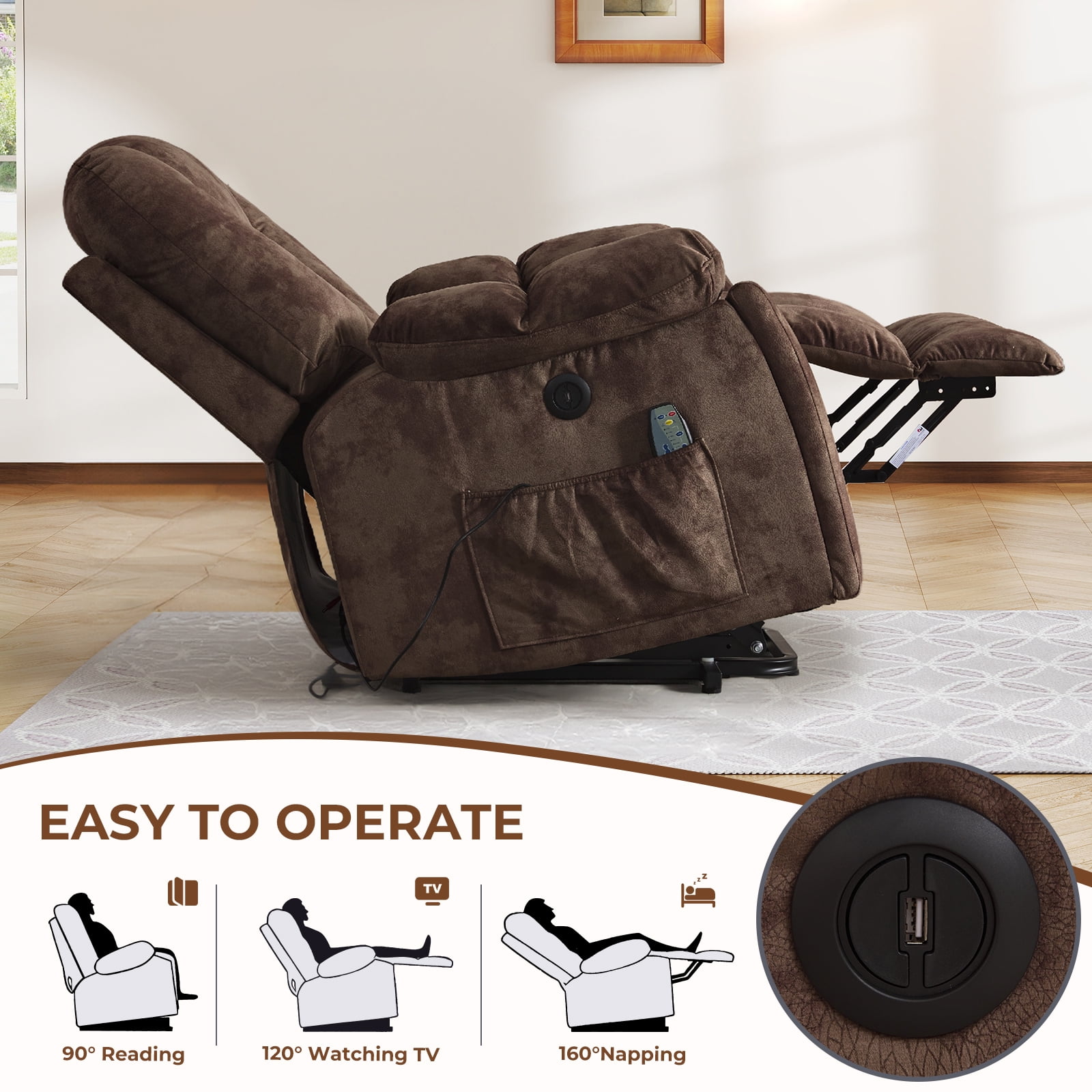 Ebello Large Power Lift Recliner Chair with Heat Massage, USB Ports - Ergonomic Recliner Chair for Elderly, Dark Brown