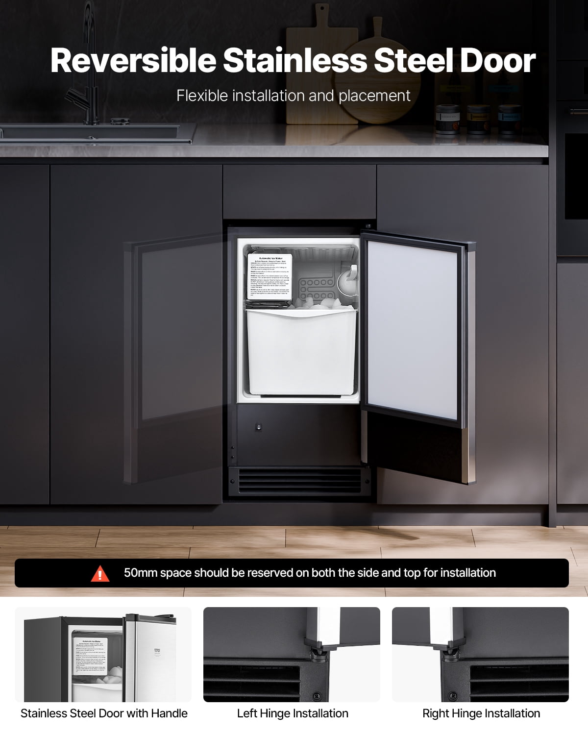 KFFKFF Inbuilt Ice Producer, 25 Lbs/Day Sub-Counter Ice Production Device with Interchangeable Door Stainless Steel, Standalone Ice Generator for Domestic Commercial Kitchen, No Drainage Needed