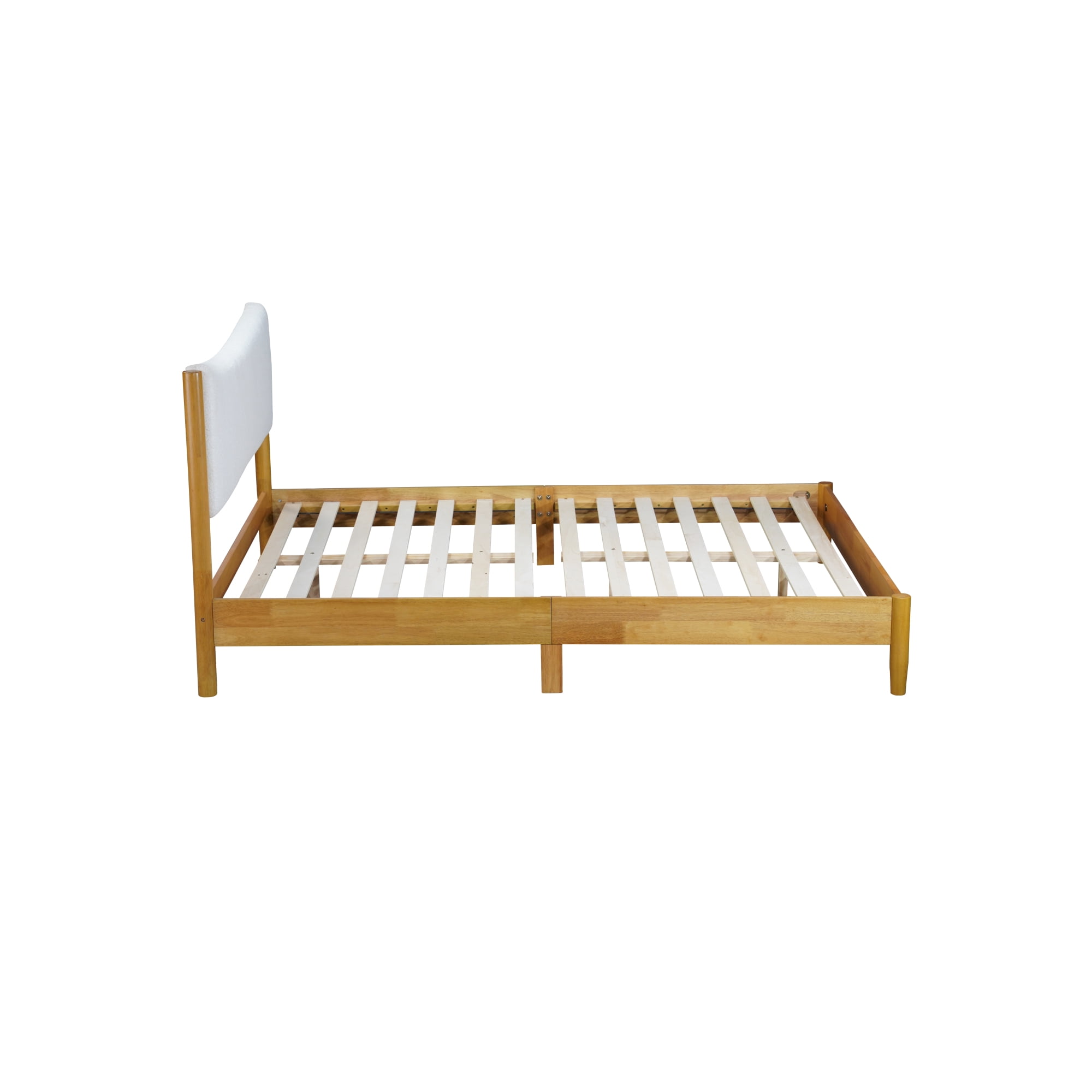 Leumius Queen Size Solid Rubber Wooden Bed with Boucle Upholstered Headboard, Enhanced by Support Feet for Teens and Adults Natural