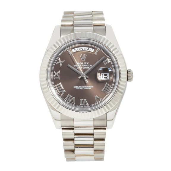 Pre-Owned Rolex Day-Date II 41MM 218239 Chocolate Roman Dial Fluted Bezel 18K White Gold President Bracelet