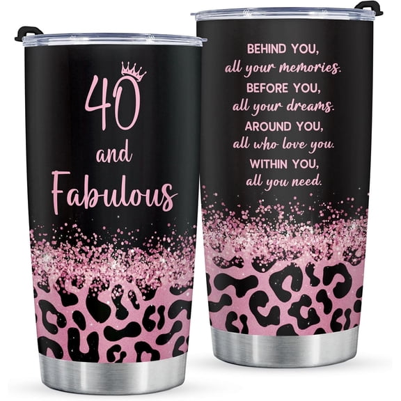 40th Birthday Gifts Women, 40 and Fabulous Tumbler, 40 Year Old Birthday Gifts for Women, 40th Birthday Gift ideas for Mom Friend Sister Wife, Leopard Travel mug 20oz