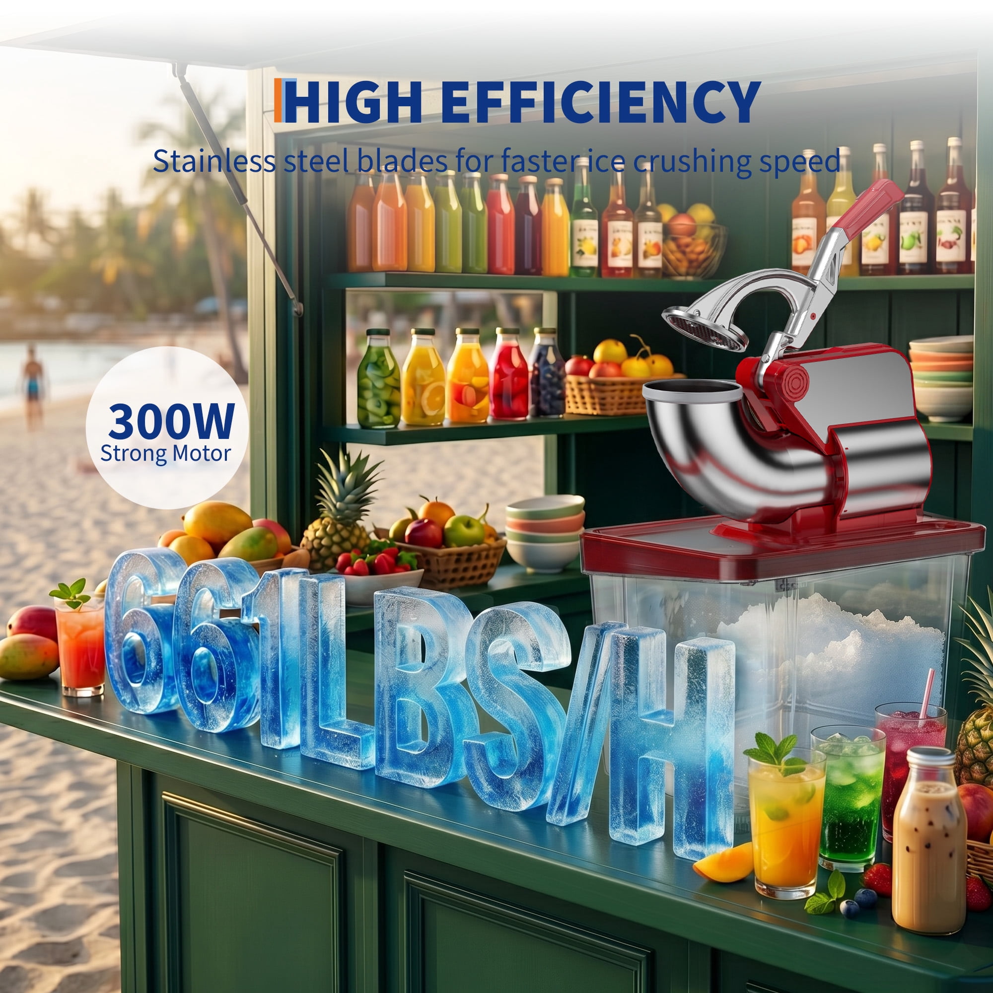 Commercial Ice Crusher Shaver with Four Blades, Electric Snow Cone Maker Machine, 300W Shaved Ice Machine with Safety Switch for Both Home and Commercial Use, 661LBS/H