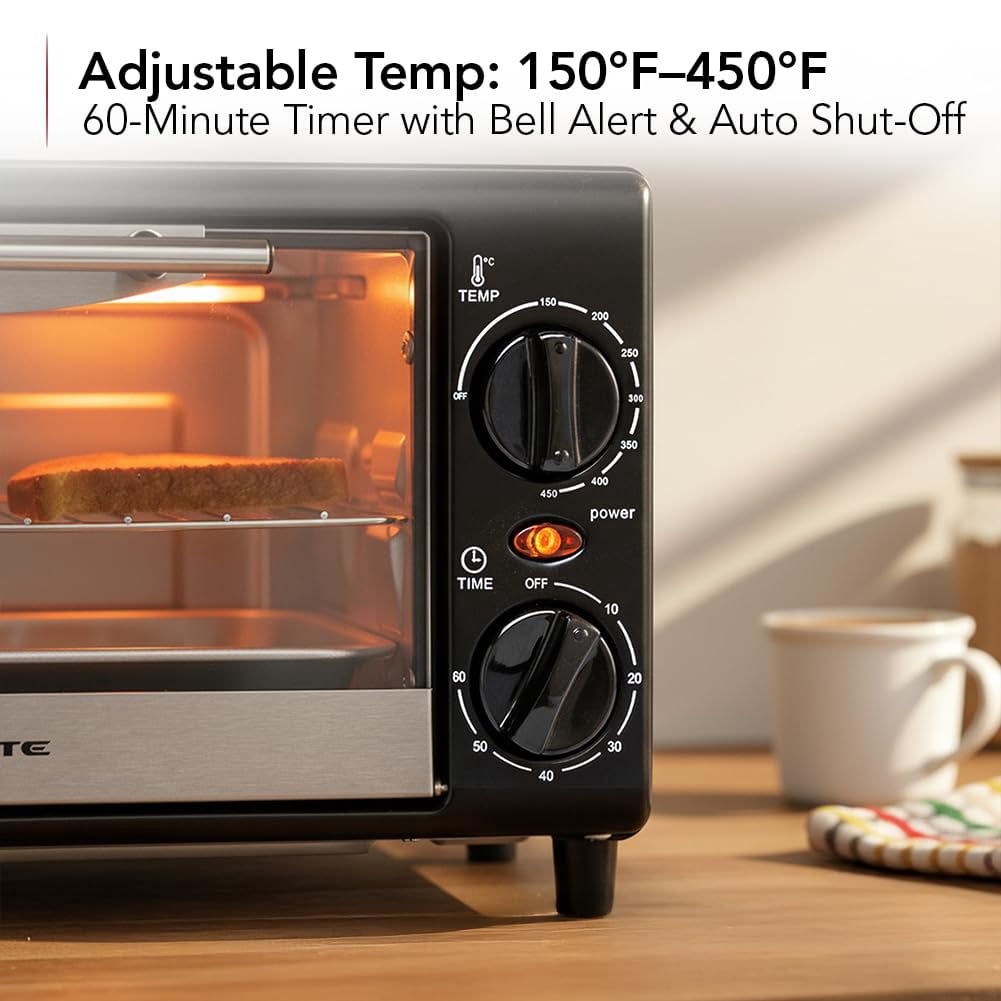 OVENTE 8L Countertop Toaster Oven with 60-Minute Timer, Adjustable Temperature Control, Easy-to-Clean Baking Pan, 750W Compact Mini for Pizza, Toast, Bake, and Broil, Black TO2808B