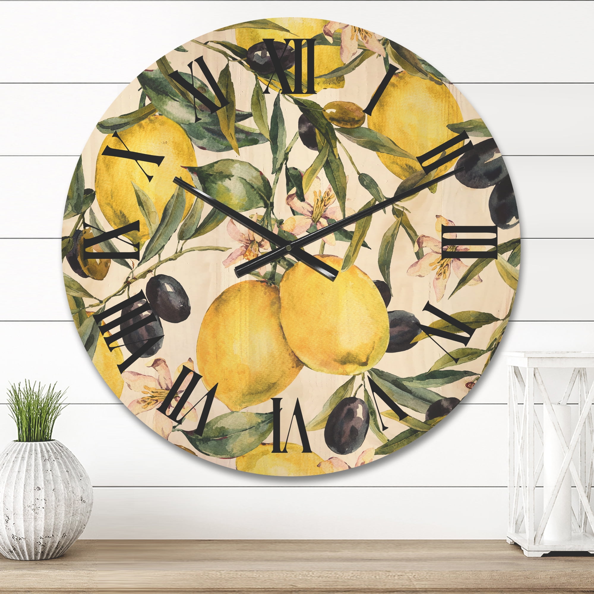 Designart 'Olive and Lemon Branches I' Tropical Wood Wall Clock
