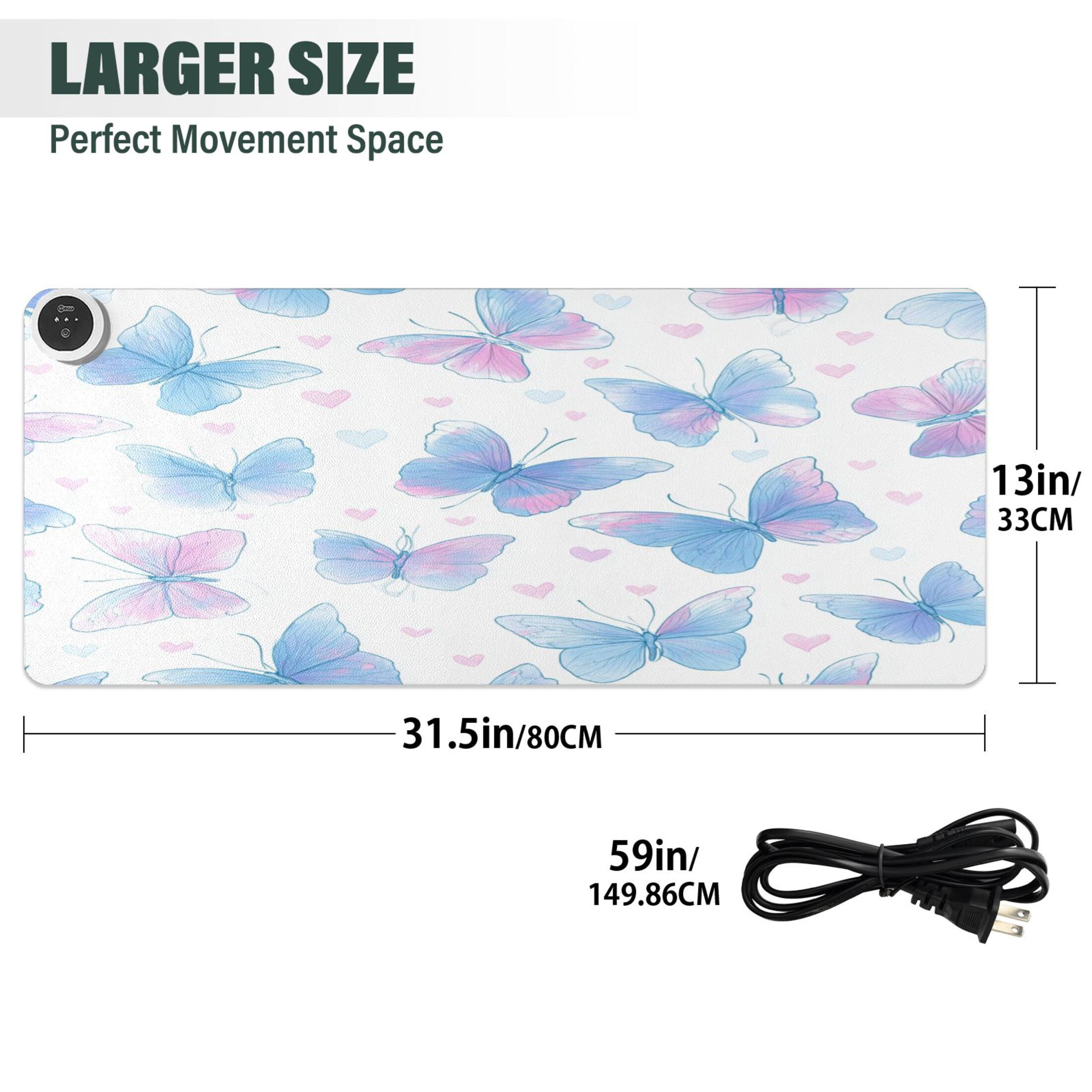 Large Heated Desk Mat Mouse Pad 31.5"x13"PU Leather Graphene Heating Desk Warmer with 3 Temperature Settings 110V US Plug Non-Slip Warm Pad for Home, Office, and Gaming Sweet Heart Butterfly Print