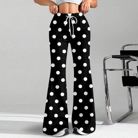 Women's Fashion Loose Drawstring Waist Polka Dot Printed Casual Sports Flared Pants, Elastic Joggers Sweatpants, Stylish Yoga Pants for Women,Black,XL