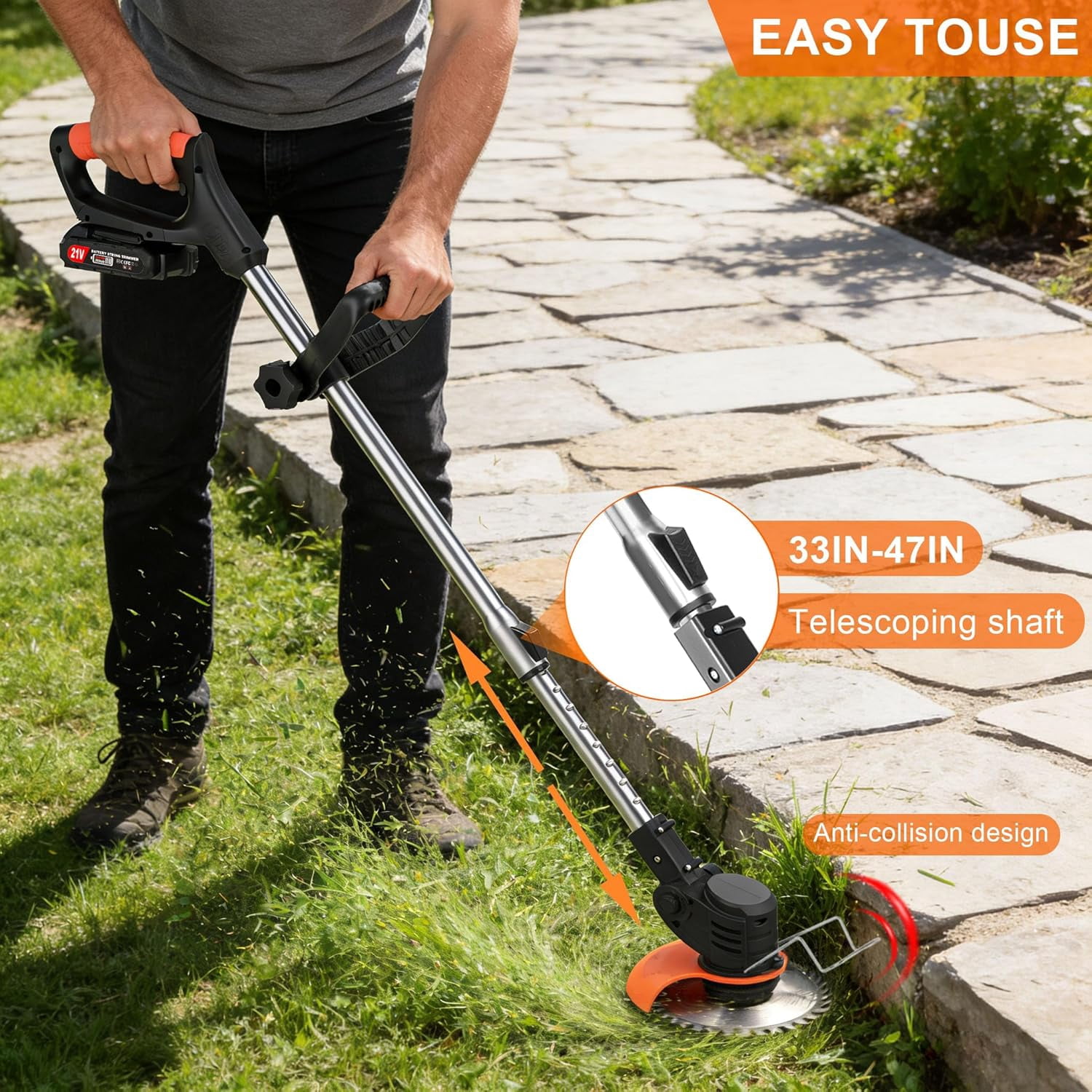 Cordless Weed Wacker Electric Weed Wacker 21V Battery Powered Brush Cutter 3-in-1 Lightweight Grass Trimmer Weed Cutter Lawn Edger with 3 Types Blade & Wheels