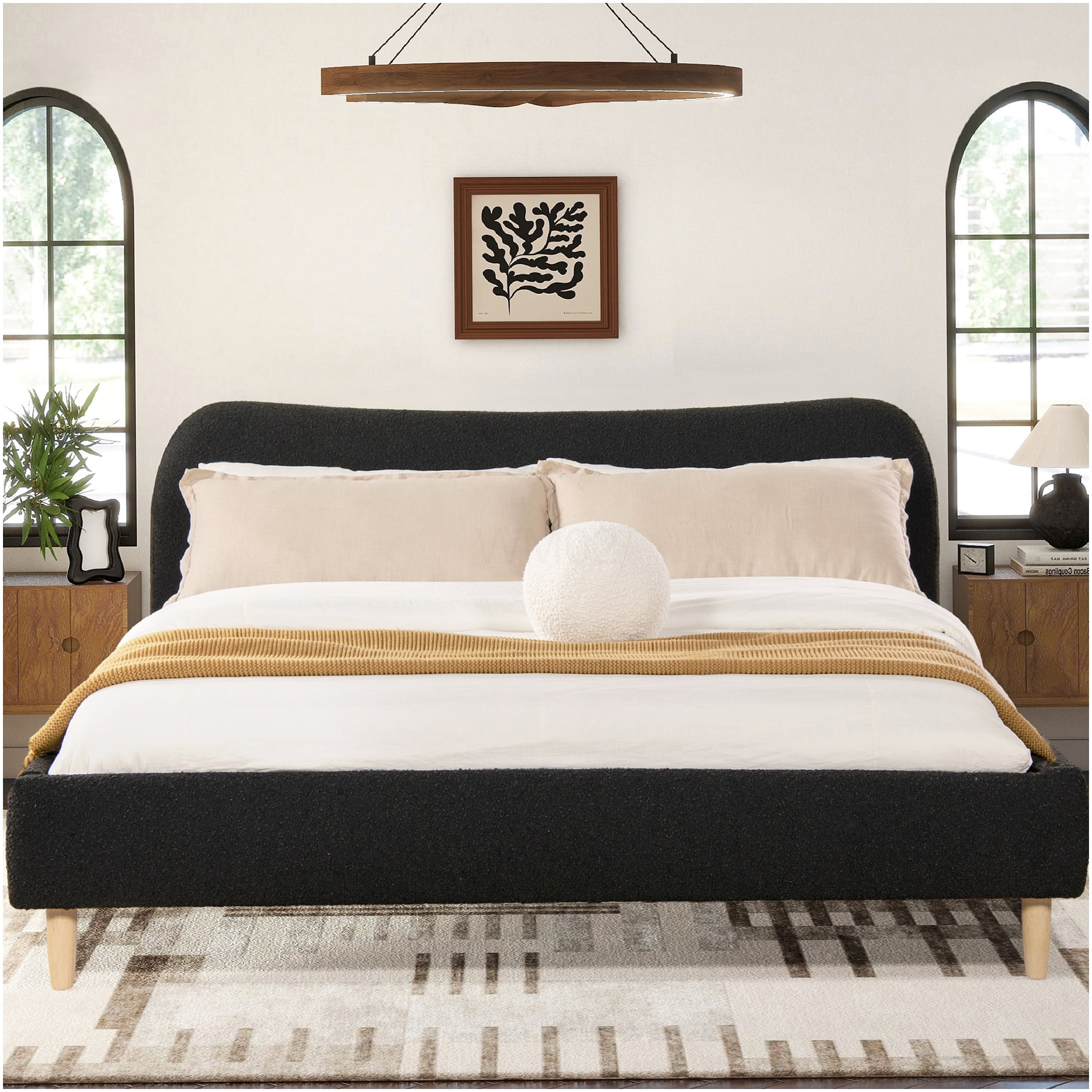 King Size Upholstered Platform Bed Frame with Curved Boucle Headboard, No Box Spring Required, Sturdy Wood Slat Support, Modern Bedroom Centerpiece