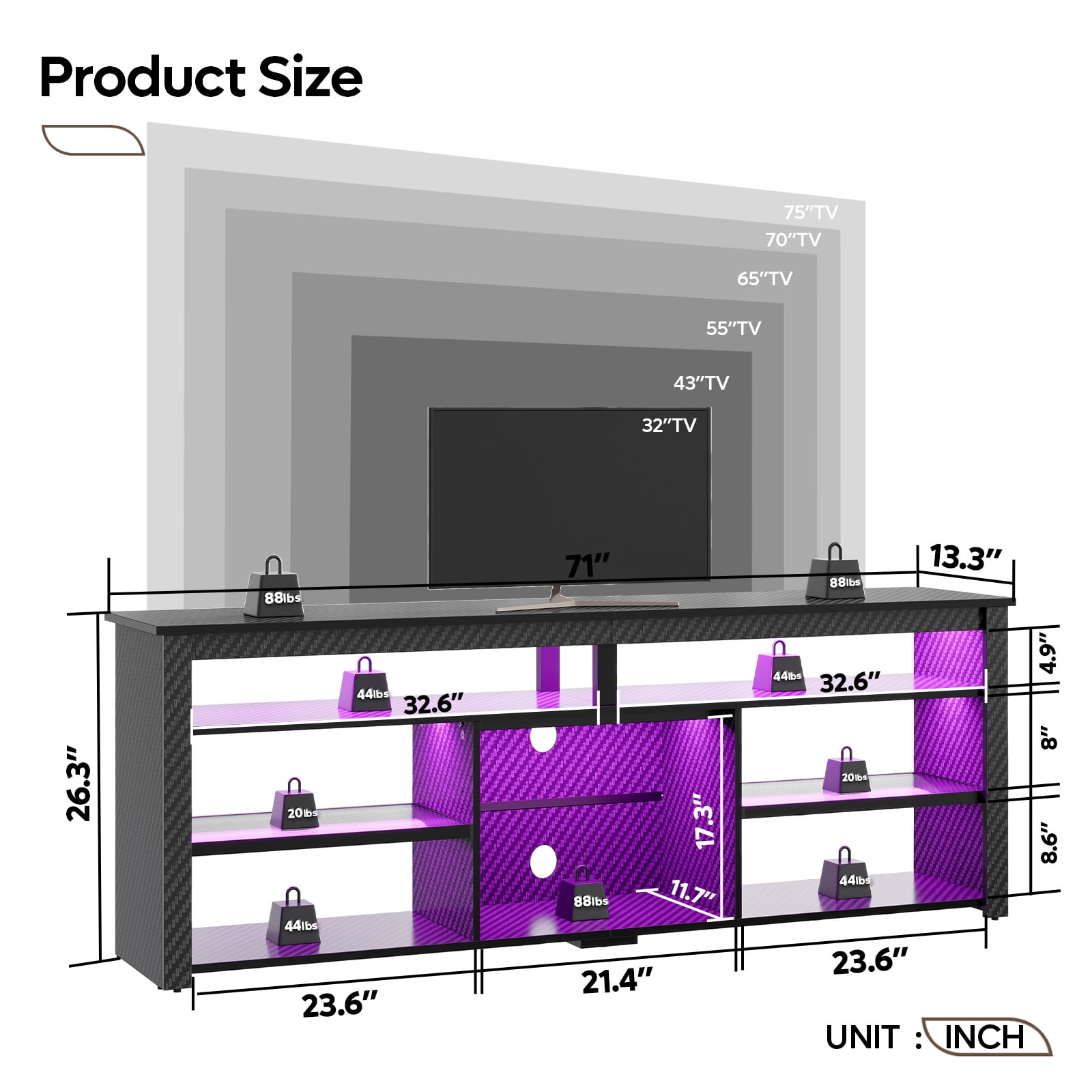Bestier LED TV Stand for 75" TVs,Gaming Entertainment Center for PS5,Modern TV Stand for Living Room,Tall TV Stand with Storage Shelves,Carbon Fiber Black