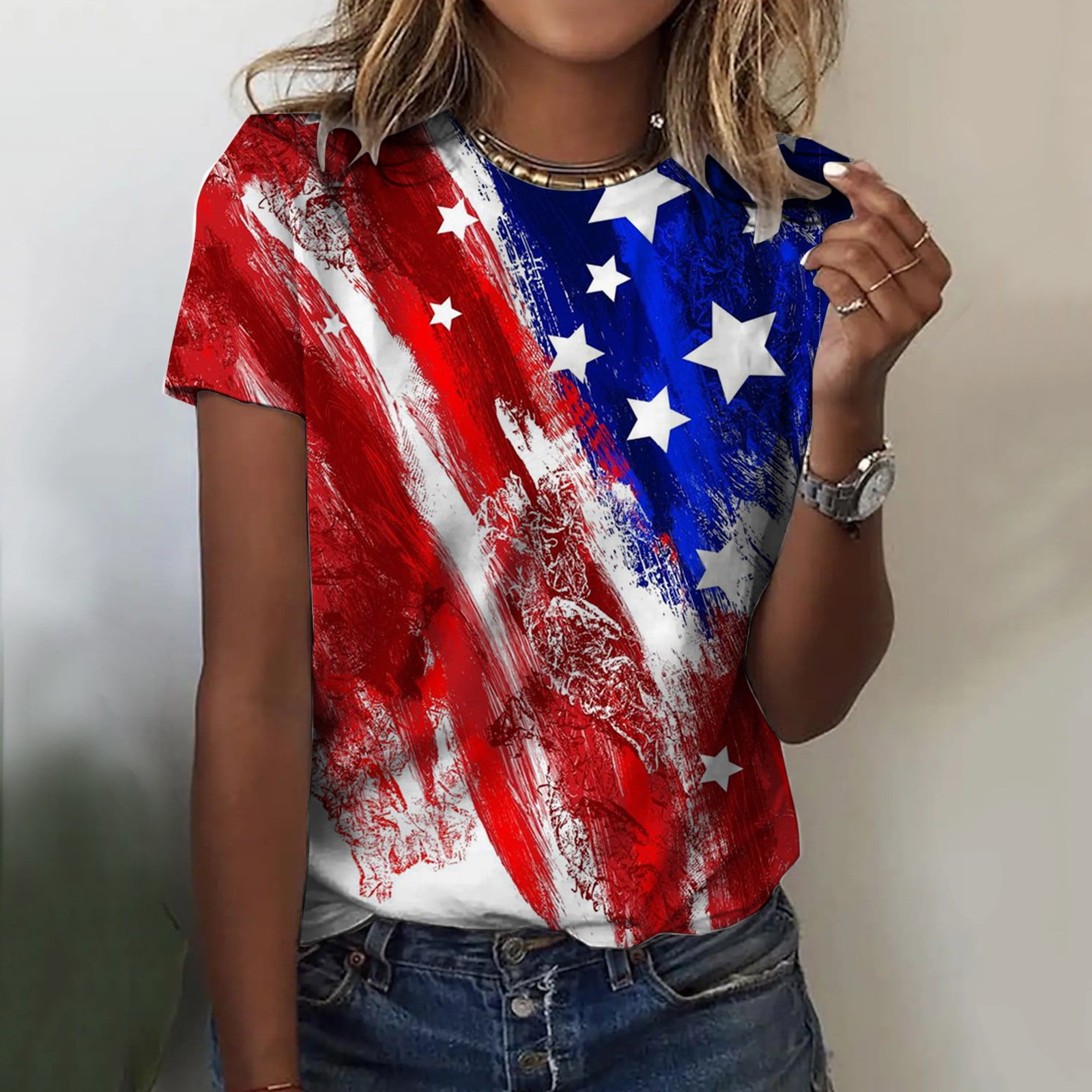 T-shirt Manches Courtes Femme Drapeau Américain - Lin Léger été - Rouge Blanc Bleu - Tunique Patriotique - 7
