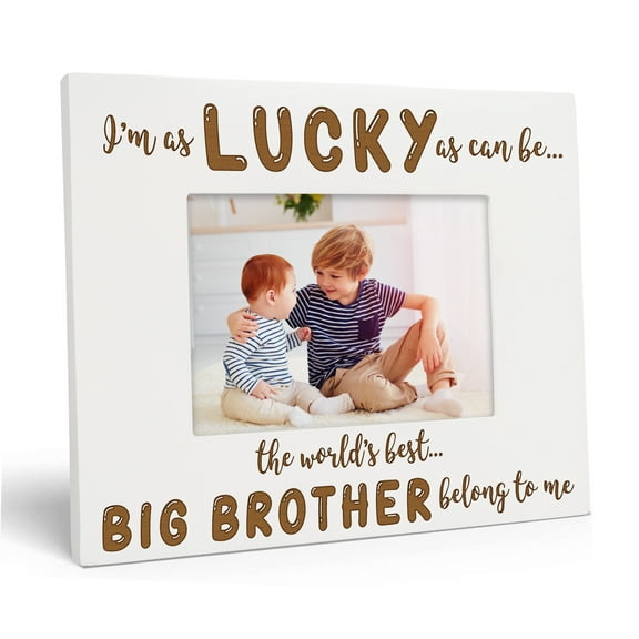 Darling Souvenir Made With Love Engraved Table Top Photo Frame Wooden I Am As Lucky As Can Be Quotes White Picture Frame Gift For Brothers Day, 4x6 Inches Horizontal Photo Size