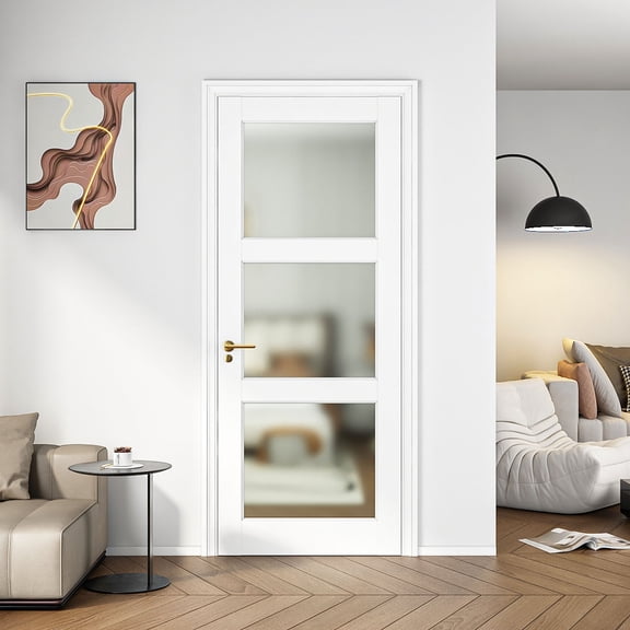 28" X 80"3-Lite French Interior Tempered Frosted Glass Door Slab for Pantry Doors, French & Pocket Doors, Solid Core Interior Door w/o Hardware Kit, Prehung Jamb or Borehole, White