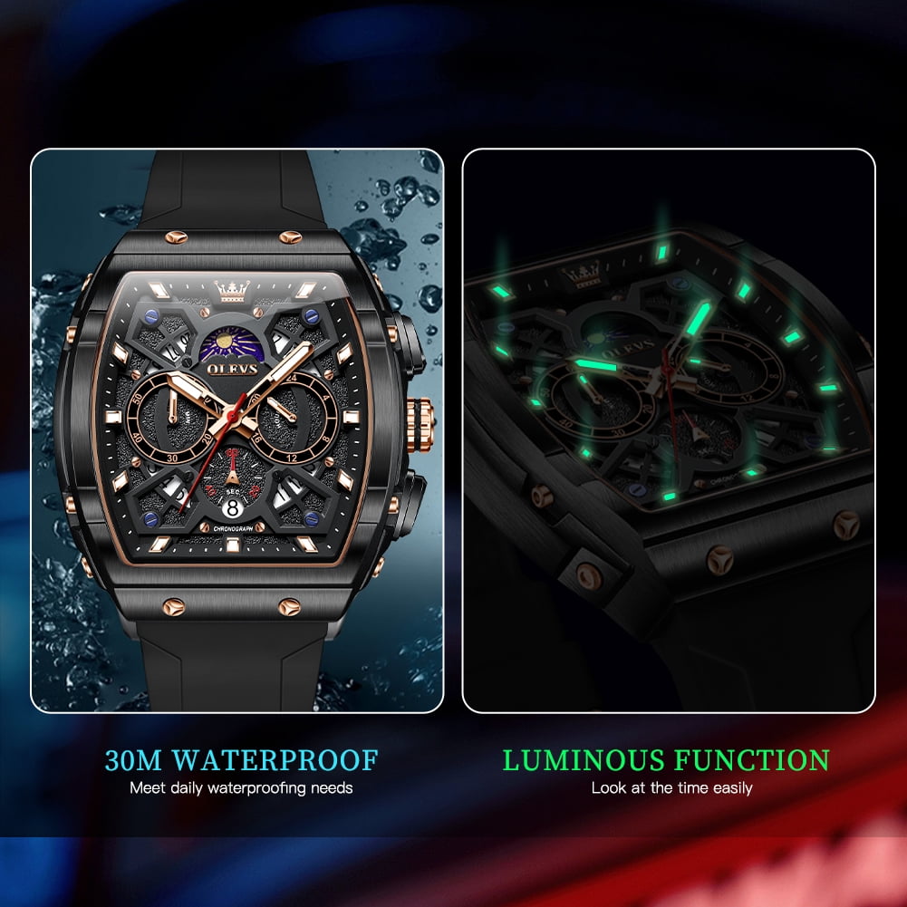 OLEVS Watches for Men Chronograph Waterproof Luxury Dress Quartz Silicon Strap Multifunction Moon Phase Calendar Luminous Men Wrist Watches Reloj Para Hombre Black/Red