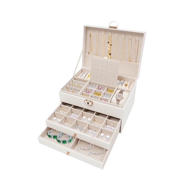 ChicHomey 3 Layer Jewelry Box,Lockable First Tier,Full Pull-out Drawer,Velveteen Lining,Watch & Jewelry Organizer, White