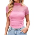 thumbnail image 2 of T Shirts for Women 2026 Summer Solid Mesh Turtleneck Short Sleeve Tunic Tops Casual Tops, 2 of 9