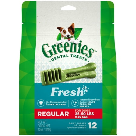 (Free $5 Gift Card Included) GREENIES Regular Size Natural Dental Dog Treats Fresh Flavor, 12 oz. Pack