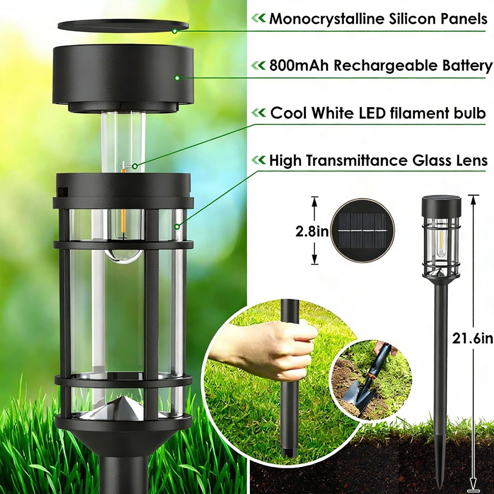 Solar Pathway Lights, 8 Pack LED Solar Lights Outdoor Waterproof, Glass Metal Garden Lighting for Yard Path Landscape Lawn Walkway Driveway, 3000K