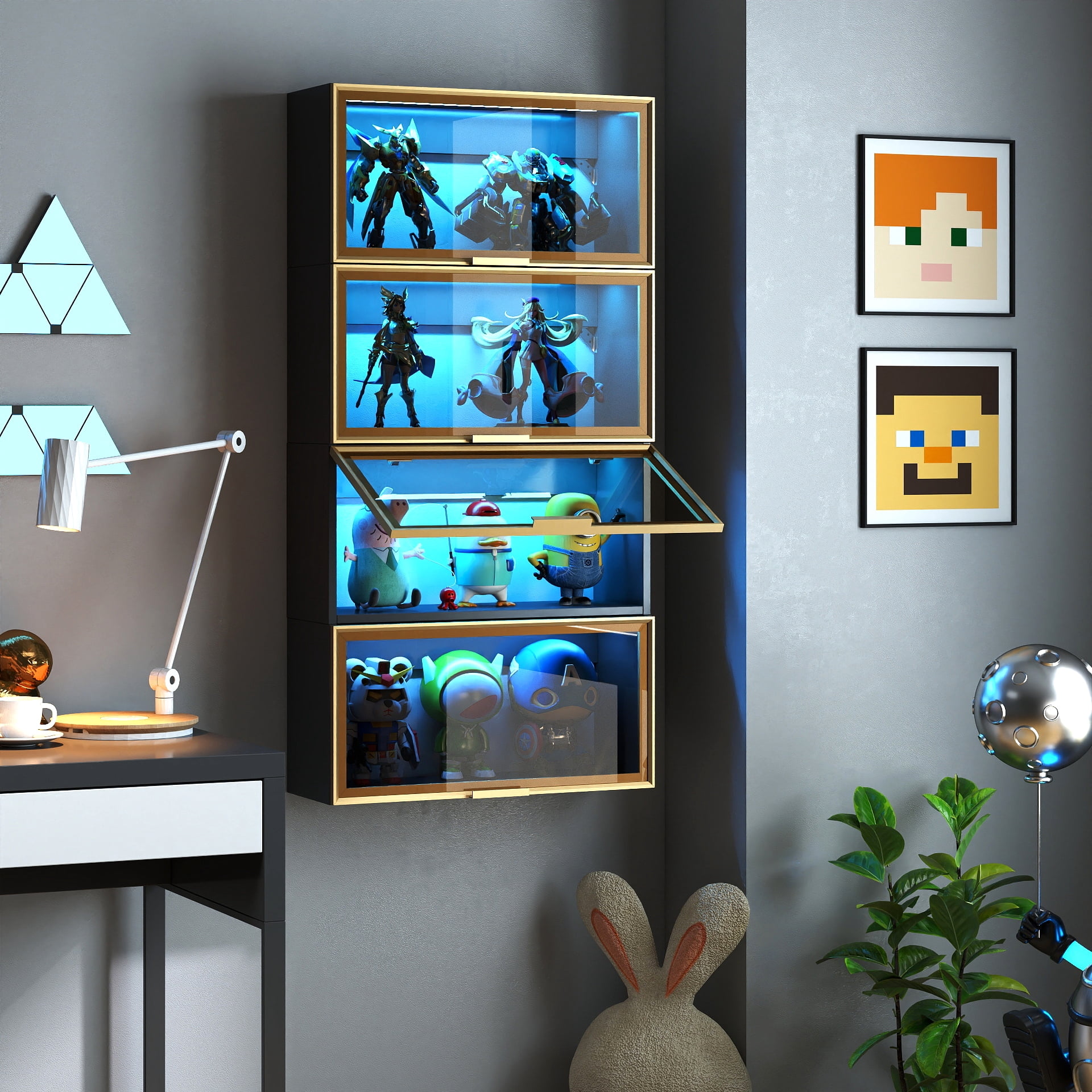 Mintazer Wall-Mounted Kitchen Storage Cabinet with LED Light, Flip-Up Glass Door Wall Cabinet with Gold Trim, Black