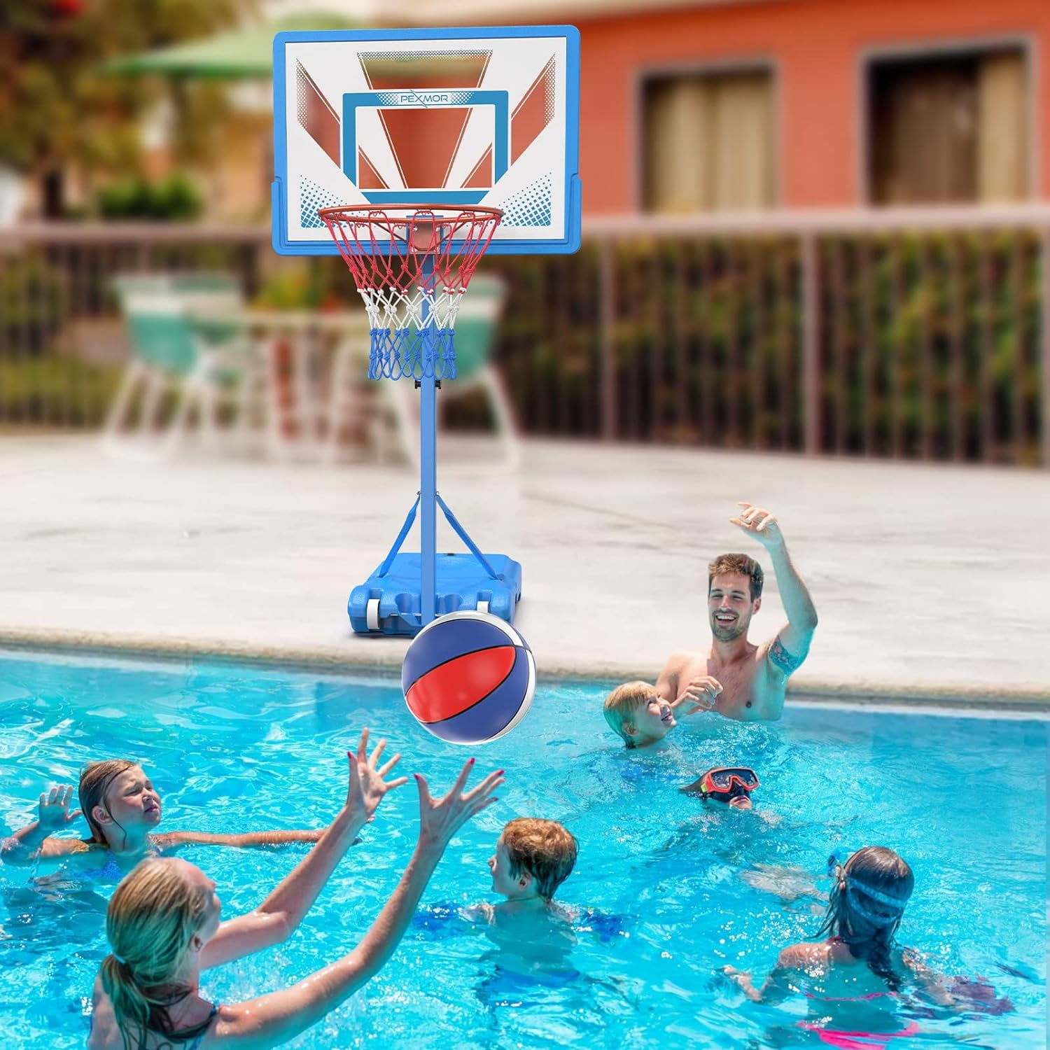 PEXMOR Pool Basketball Hoop Poolside, Portable 45-53" Height Adjustable Basketball Goal System for Swimming Pool w/Wheels, Upgraded Water Basketball Backboard Stand for Indoor Outdoor