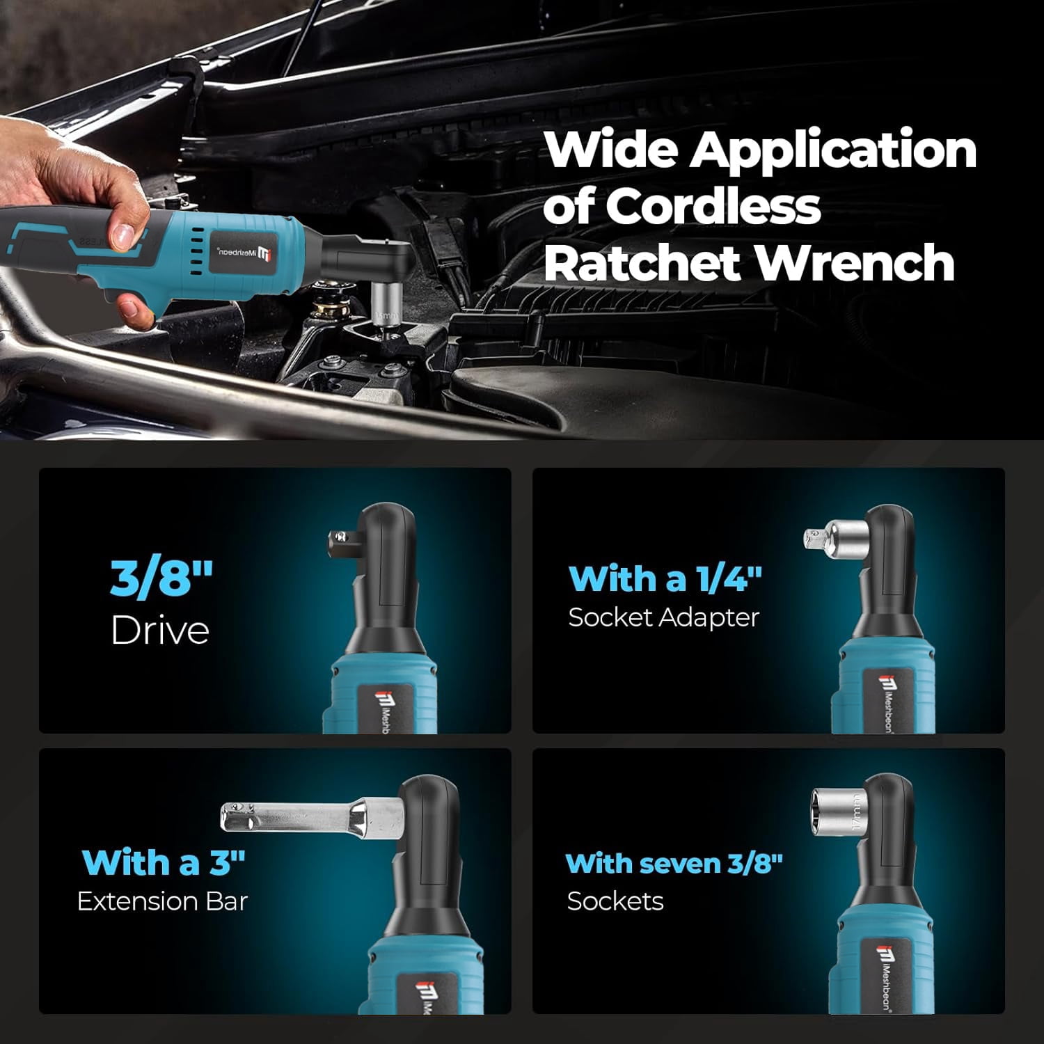 iMeshbean 21V Electric Cordless Ratchet Wrench 3/8" Right Angle Wrench Impact Power Tool 2 Battery