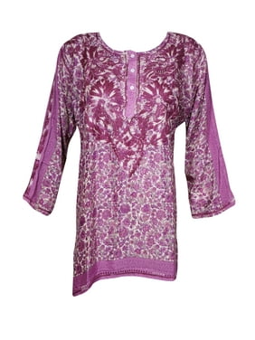 Mogul Women Purple Tunic Floral Hand Embroidered Button Front Dolma Silk Blouse XL