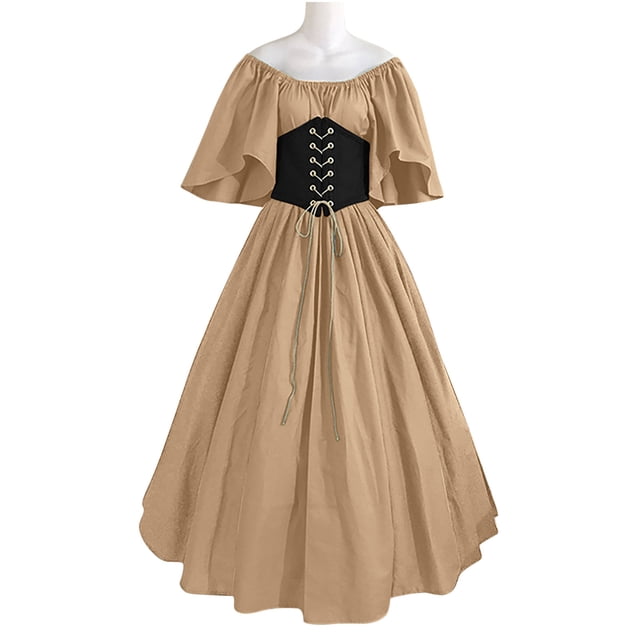 LSLJS Robe de Bal Patchwork Col Rond pour Femmes Dress Flare Sleeve Épaules Dénudées Medieval Vintage Dresses avec Corset